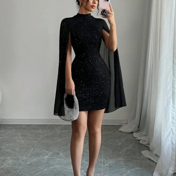 Black Party Women's Glitter Print Stand Collar Lantern Sleeve Bodycon Dress - Picture 3 of 6